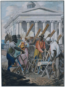 By the time this watercolor was created around 1812, Philadelphia had the largest free Black population of any city in the United States, approximately 9,000. The painting, Black Sawyers Working in Front of the Bank of Pennsylvania, Philadelphia, is attributed to John Lewis Krimmel (1786–1821), who painted scenes of everyday life around the city. Metropolitan Museum of Art