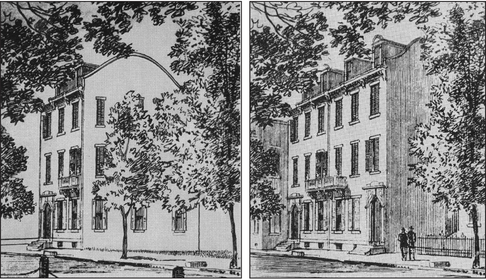 Left, This single house at 313 North Front Street in Harrisburg was purchased by the state legislature as the governor’s residence in 1864. Right, The governor’s house doubled in size with the addition of a twin house and an address change to 311–313 North Front Street. Left, The Daily Graphic; Right, The State Museum of Pennsylvania