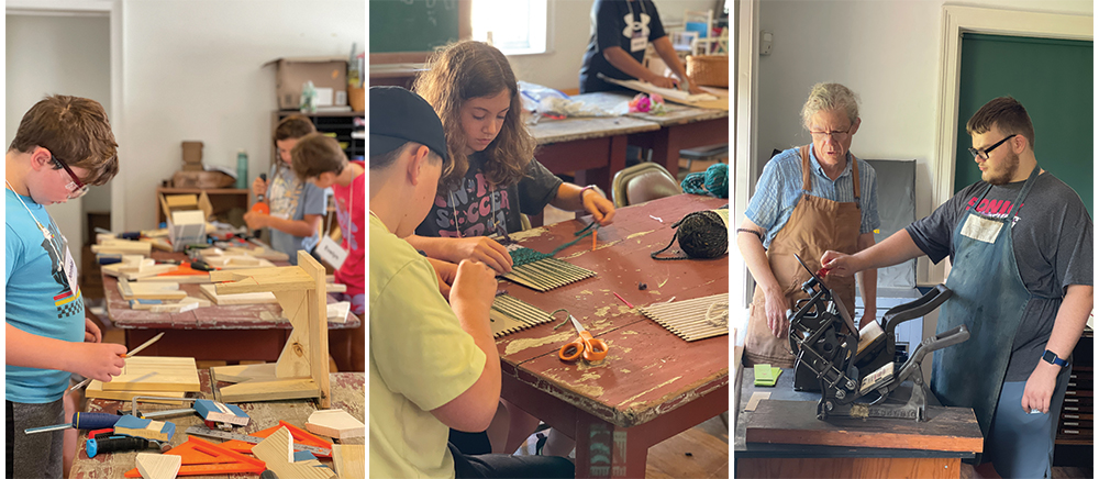 Left, In Makerspaces, students transform raw lumber into handcrafted stools, putting math, patience and teamwork into action as they bring a project to life. Center, Students weave their own water bottle carriers, learning the structure and pattern behind textile traditions while creating something both useful and uniquely their own. Right, With inked type and a careful pull of the press, a Beaver County Rehabilitation Center student experiences how craftsmanship once carried ideas across a young nation and innovation has always started with skilled hands. Old Economy Village, PHMC