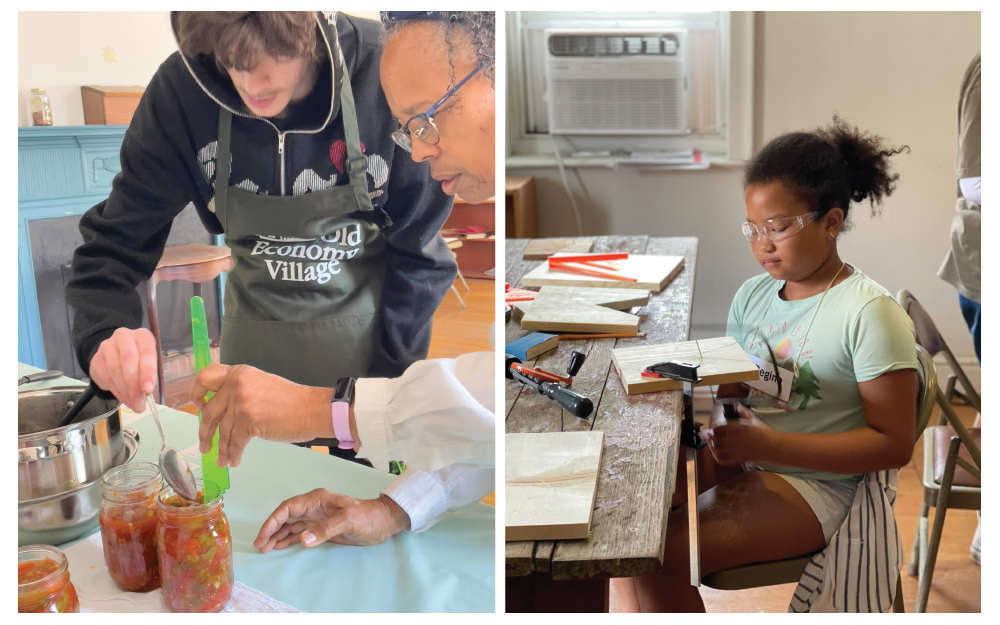 Left, A teenaged “little” from Big Brothers Big Sisters of Beaver County learns the fundamentals of food preservation by canning fresh salsa made from garden produce, discovering how self-reliance and shared knowledge once sustained entire communities. Right, At Crafting the Past summer camp, a young maker focuses on cutting with care, gaining confidence through the steady rhythm of basic hand tools and practical skill-building. Old Economy Village, PHMC
