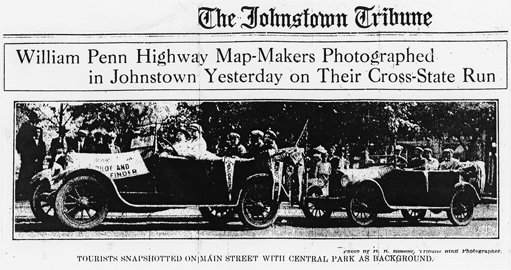 A two-car convoy of Reo automobiles pauses in Johnstown during a September 1916 cross-state journey to mark and map the William Penn Highway and its alternate routes. From The Johnstown Tribune, September 7, 1916