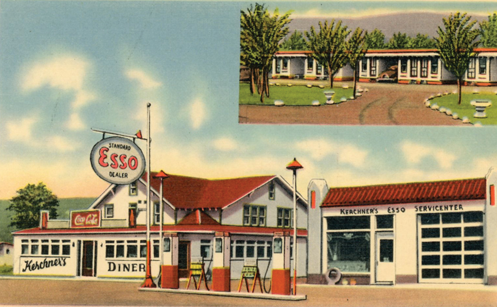 Roadside automobile culture in the form of cottages, motels, diners and gas stations emerged as motorists took to the highways in the 1920s and 1930s. This site at Lenhartsville was typical of many, offering gas, food and lodging under one ownership. Collection of Dan Cupper